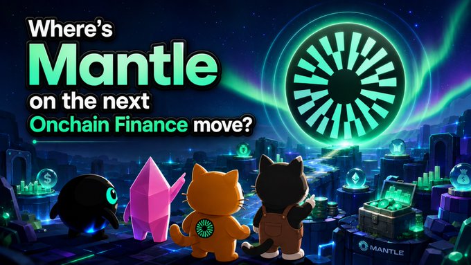 The image features a group of cartoon characters standing together, with text that reads "Where's Mantle on the next Onchain Finance move?". This suggests that there might be an upcoming event or development related to cryptocurrency or blockchain technology, possibly involving the character Mantle from a popular video game series. The post is promoting this event and encouraging people to pay attention to it.