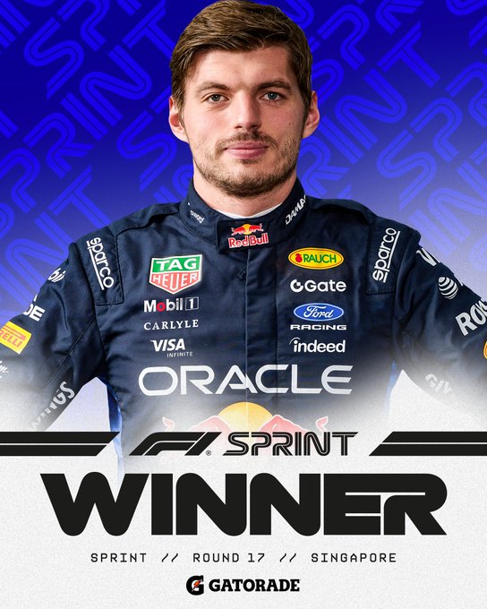 A graphic announcing 'F1 SPRINT WINNER' featuring Max Verstappen in his Oracle Red Bull Racing suit, noting 'SPRINT // ROUND 17 // SINGAPORE' and sponsored by Gatorade.