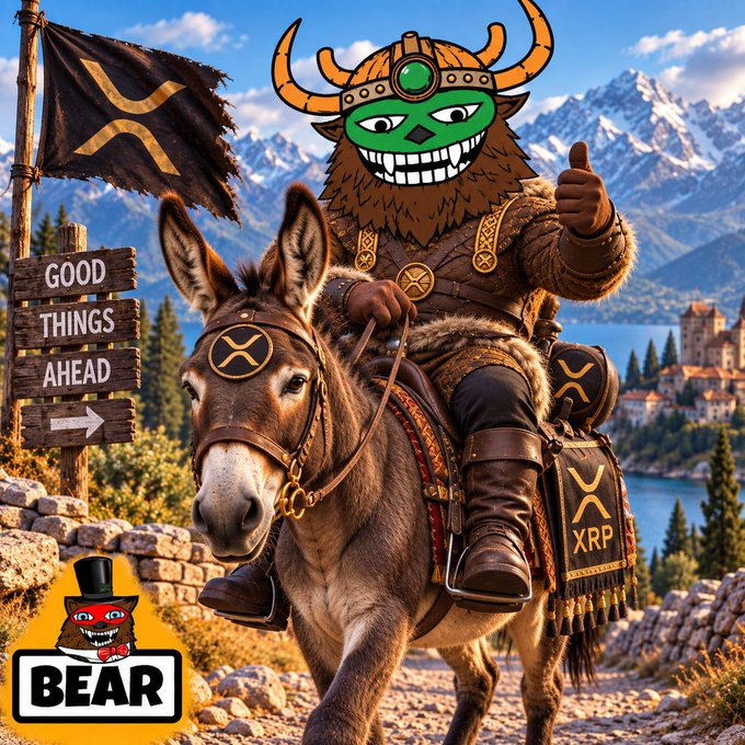 A whimsical illustration shows a green-masked Viking-like character riding a donkey, giving a thumbs up. Signs display "XRP" symbols and "GOOD THINGS AHEAD," with a "BEAR" mascot logo in the corner.