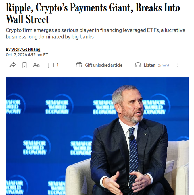Bloomberg news article dated October 7, 2026 by Vicky Ge Huang titled 'Ripple, Crypto's Payments Giant, Breaks Into Wall Street,' featuring a photo of Ripple CEO Brad Garlinghouse at the Semafor World Economy Summit.