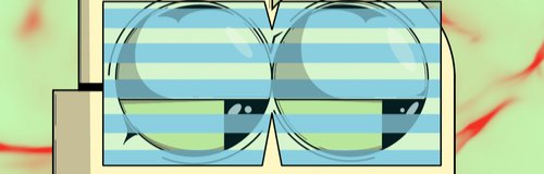 A cartoon image shows a pair of glasses with blue and white stripes, reflecting green eyes in the lenses.