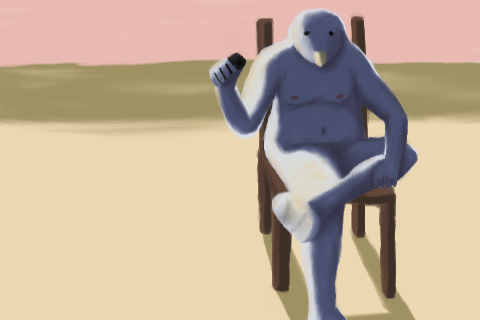 A low-poly 3D animation of a blue anthropomorphic bird-like figure sitting casually in a wooden chair on a sandy surface under a pink sky, holding a cigarette.