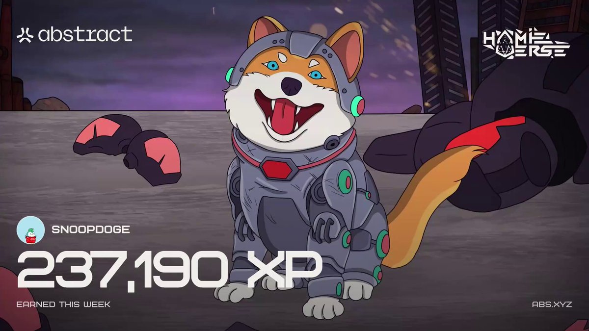 The image features a cartoon dog wearing a futuristic outfit with green and red accents, sitting on a gray surface. The background of the image shows a cityscape with buildings and other elements typical of an urban environment. The caption for the image reads "Another week, another beautiful XP snapshot on Abstract. The ecosystem keeps growing, the energy keeps getting stronger, and the community keeps showing up every single week."