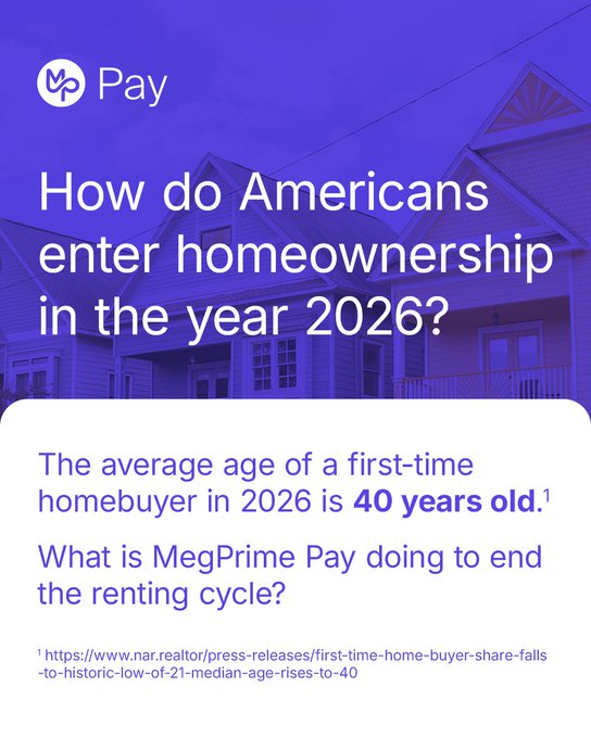A purple-themed promotional graphic titled "How do Americans enter homeownership in the year 2026?" stating "The average age of a first-time homebuyer in 2026 is 40 years old" with a MegPrime Pay logo.