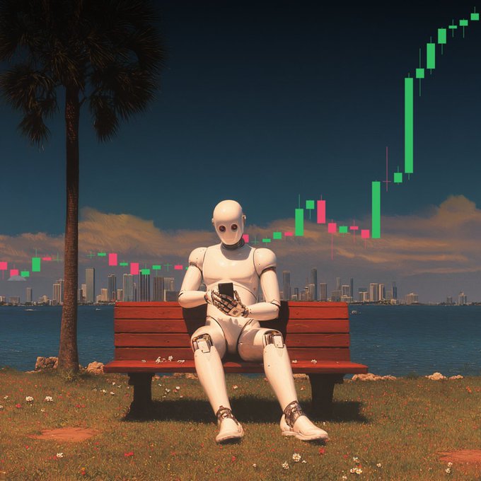 A humanoid robot sits on a red park bench holding a phone, with a green and red stock chart trending upward across the sky behind a coastal city skyline, humorously personifying an AI "agent" monitoring markets while the user enjoys time outdoors.