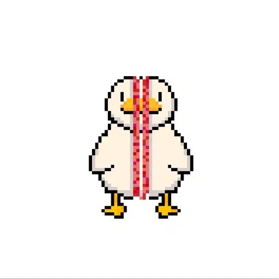 A pixel art image of a cute, round chick or bird with yellow feet and a pinkish stripe down its face, standing against a white background.