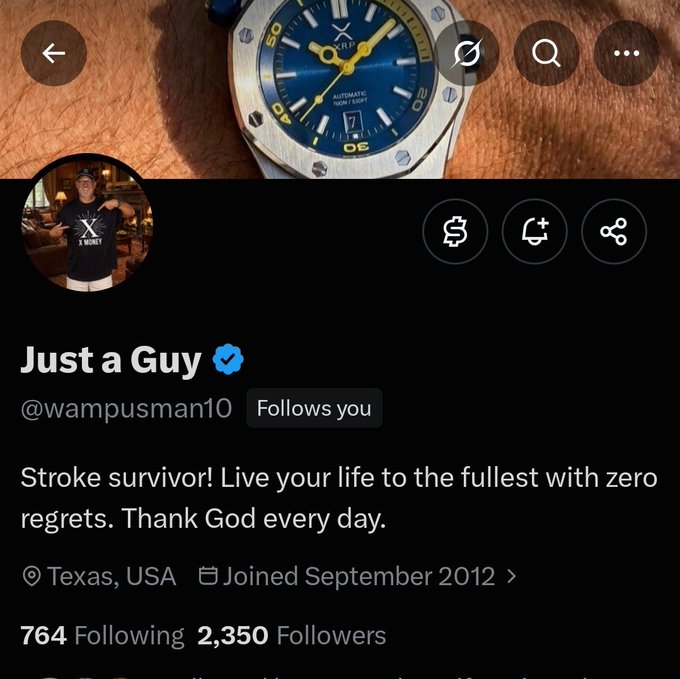 A Twitter/X profile screenshot for 'Just a Guy' (@wampusman10), with a banner showing a wrist wearing an Orf Automatic watch, a bio reading 'Stroke survivor! Live your life to the fullest with zero regrets. Thank God every day.', and based in Texas, USA.