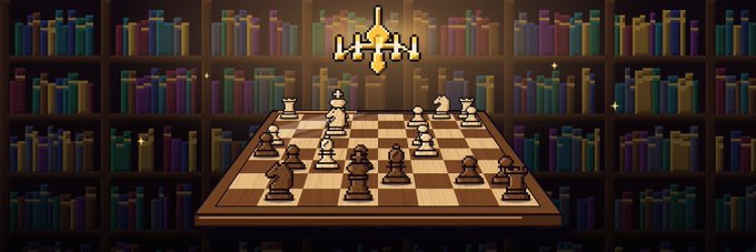 A pixel art style illustration of a chessboard with pieces set up mid-game, with a glowing cross-shaped chandelier and bookshelves in the background.