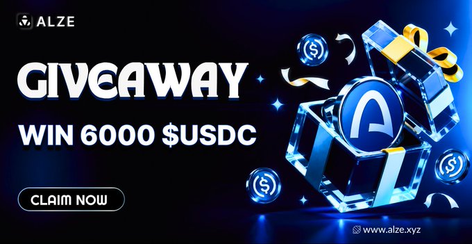 This image announces a "GIVEAWAY WIN 6000 $USDC" by ALZE, promoting a chance to claim rewards. It visually represents the giveaway with gift boxes and currency symbols, aligning with the post's call to action for wallet submissions.