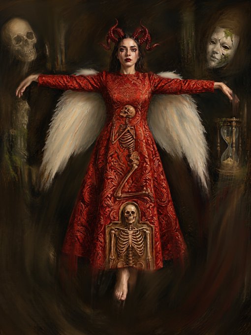 A dark, gothic painting depicts a horned figure in an ornate red dress with skeletal figures embedded in the fabric, accompanied by a skull, ghostly faces, and an hourglass in the background.