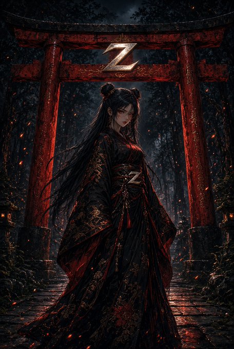 A dark fantasy illustration of a woman in an elaborate black and red traditional outfit standing before a red torii gate in a forest, with a stylized 'Z' logo visible.