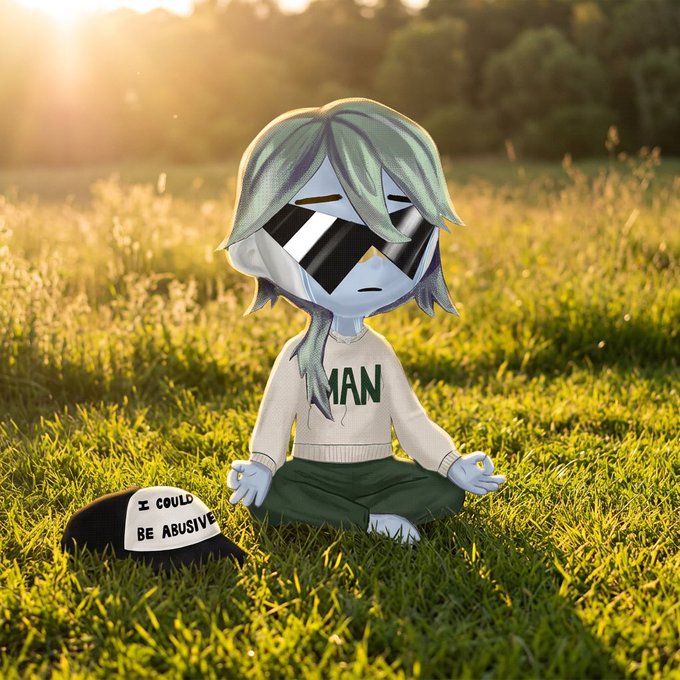 A 3D-rendered character wearing reflective sunglasses and a sweater reading 'MAN' sits cross-legged in meditation in a grassy field at sunset, with a black object beside them labeled 'I COULD BE ABUSIVE'.