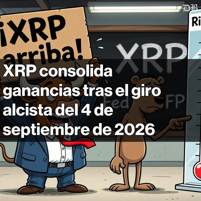 An illustrated image of a bull in a suit holding an 'XRP arriba!' sign next to a bear pointing at a chart, overlaid with Spanish text reading 'XRP consolida ganancias tras el giro alcista del 4 de septiembre de 2026'.