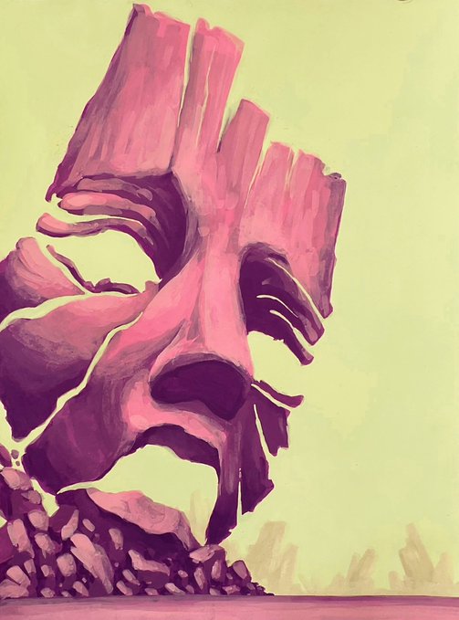 The image features a large, abstract painting of a face made out of rocks and other materials. The face appears to be in a state of disrepair or destruction, with some parts appearing to have been broken off or damaged. The painting is predominantly pink and purple colors, giving it an artistic and unique appearance. The post that accompanies the image reads: "Collected 'Mask' by @meisgraffiti @objktcom #tezostuesday". This suggests that the artist who created this piece of art might have been inspired by a mask or a similar object, possibly as part of a larger theme or concept in their work. The post also mentions that it is related to "tezostuesday", which could indicate that the painting was created during a specific event or time period associated with the #tezstuesday hashtag on social media platforms.