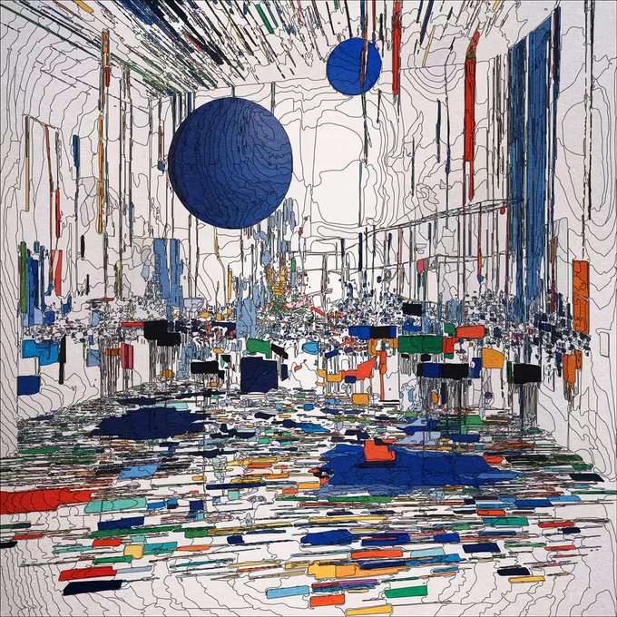 An abstract digital artwork depicting a cityscape or interior space filled with vertical lines, scattered colorful rectangular fragments in blues, oranges, and greens on the floor, and two prominent blue spheres floating in the upper portion.