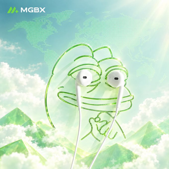 An MGBX promotional image features white wired earphones against a 3D green Pepe the Frog character, set against a sky and world map background.