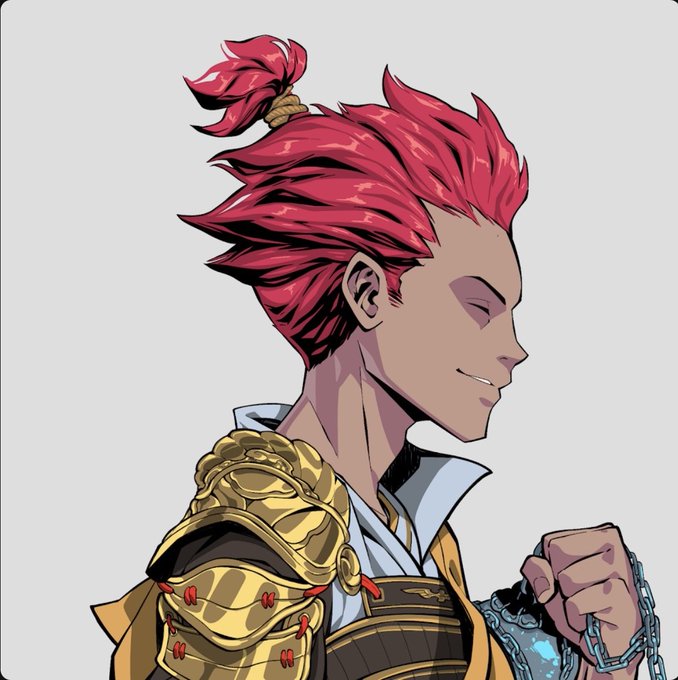 An anime-style illustration of a red-haired character in profile view, wearing ornate golden armor and holding a chained orb with a blue gem.