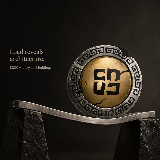 A gold coin with a geometric logo balanced on a metal beam supported by stone blocks against a dark background, with text 'Load reveals architecture. $300M daily, still holding.'