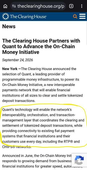 A screenshot from theclearinghouse.org announcing their partnership with Quant to advance the On-Chain Money Initiative, dated September 24, 2026, with a section circled in yellow describing Quant's technology.
