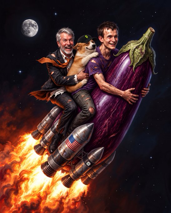 A whimsical space scene shows an older bearded man in a suit, a young man in a cap, and a Shiba Inu dog joyfully riding a rocket-powered eggplant through a starry cosmos with the moon overhead, evoking the playful, meme-inspired spirit of the "10 more mints to go" message.