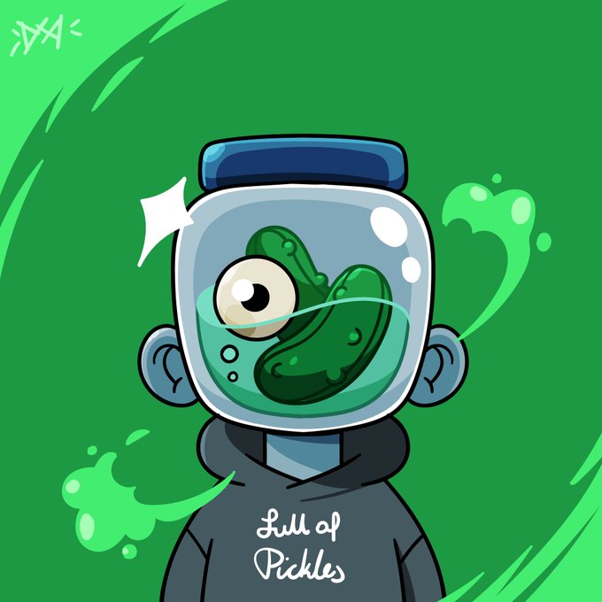 A cartoon character wearing a hoodie and a glass helmet containing a green pickle, with the text "Full of Pickles" on the shirt, set against a green splatter background. The quirky NFT artwork, signed "JXA" in the corner, matches the "Full of Pickles" theme referenced in the listing on mallow.art.