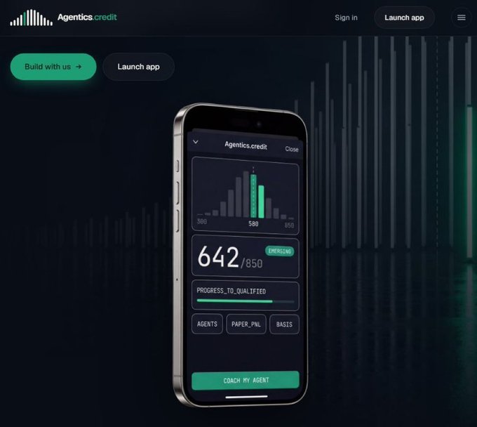A website screenshot for 'Agentics.credit' displays a smartphone mockup showing a credit score of 642/850 and a 'COACH MY AGENT' button.