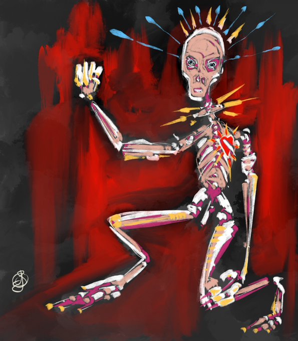 A stylized digital illustration depicts a skeleton-like figure with spiky crown protrusions, kneeling dynamically against a vivid red and black backdrop.