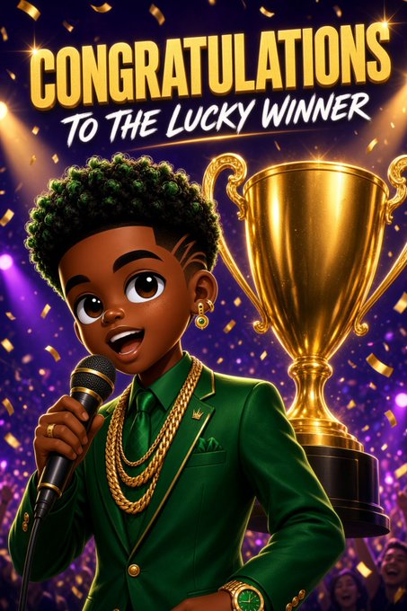An animated graphic celebrates a 'CONGRATULATIONS TO THE LUCKY WINNER,' featuring a cartoon character with green hair holding a microphone in front of a large golden trophy and falling confetti.