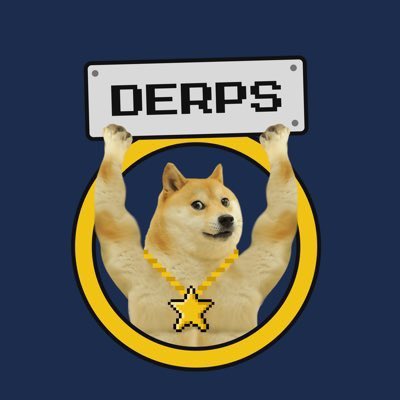 The image features a cartoon doge holding a sign that says "derps" above his head. The background of the image is blue, with a yellow star located at the bottom right corner. The text "derps" is written on the sign in black letters. The image also contains some text that reads "focus on what is in the image and how it relates to the post".