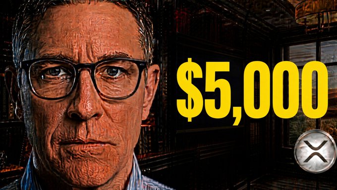 A serious-looking man with glasses appears on the left against a dark, ornate library backdrop, with bold yellow text reading "$5,000" displayed prominently beside him, alongside an XRP (XRP) token logo, visually reinforcing the post's message about a potential $5,000 XRP price target amid the Clarity Act and a 5-day countdown tied to XRP Ledger developments.