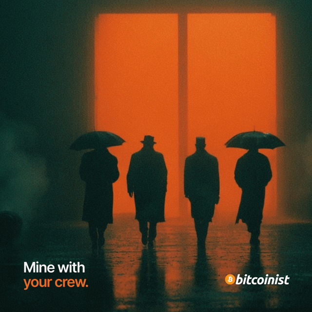 A stylized image shows four silhouetted figures walking toward an orange-lit doorway, two holding umbrellas, with text reading 'Mine with your crew.' and 'bitcoinist'.