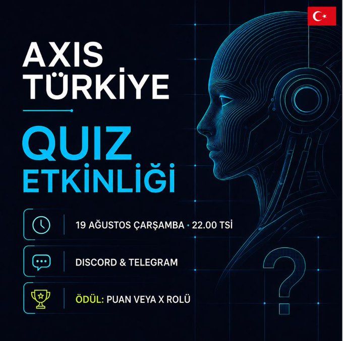The image is a promotional graphic for the "AXIS TÜRKİYE QUIZ ETKİNLİĞİ" (Quiz Event), scheduled for August 19 (Wednesday) at 22:00 TSI via Discord & Telegram, with a prize of points or an X role. The post highlights recent activity from @axisrobotics, including the launch of Kaito's Aura, suggesting the quiz is part of the community's growing engagement around Physical AI initiatives.