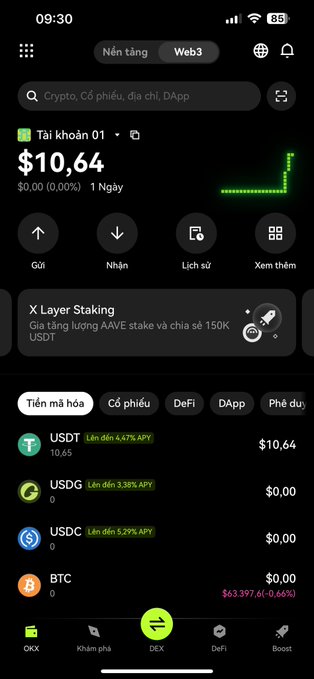 A mobile app screenshot of a Vietnamese cryptocurrency wallet showing a portfolio balance of $10.64 USDT, an 'X Layer Staking' option, and a list of tokens like USDC and BTC with their values.