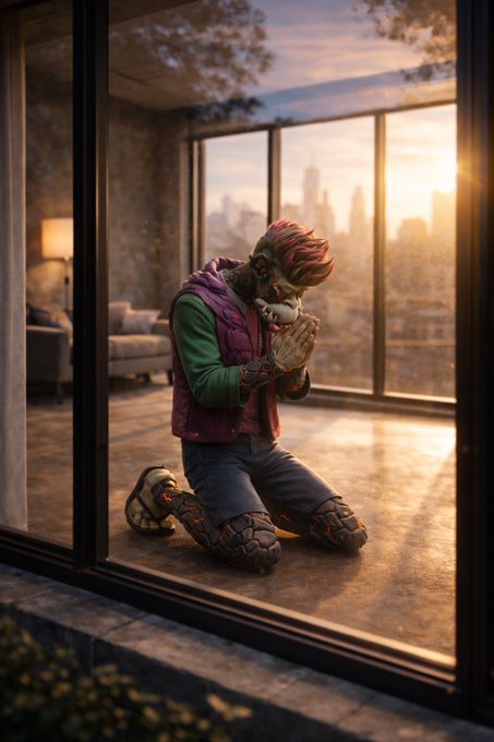 A 3D rendered character with green skin, spiked red hair, and a purple vest kneels in prayer by a large window overlooking a city at sunset.