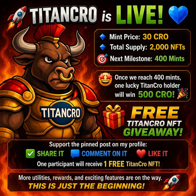 Promotional graphic announcing 'TITANCRO is LIVE!' featuring a minotaur character, NFT details (30 CRO mint, 2,000 supply), and a free NFT giveaway.