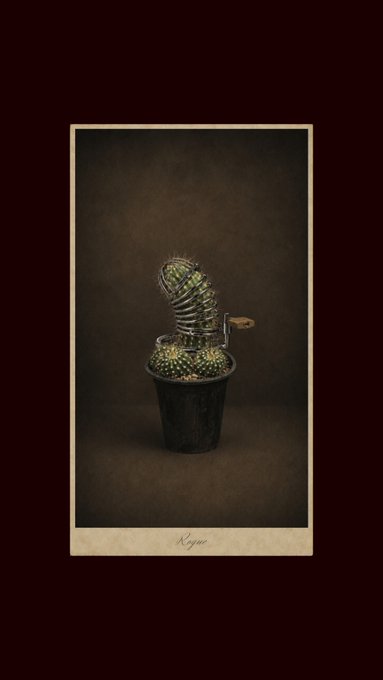 A surreal still-life painting of a small potted cactus that spirals upward, labeled 'Keypa' at the bottom.