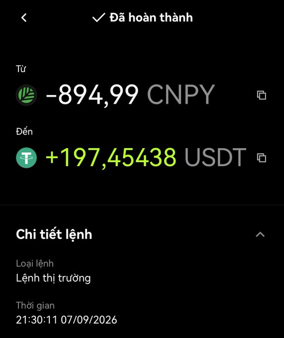 A completed cryptocurrency transaction screen showing a withdrawal of -894.99 CNPY and a receipt of +197.45438 USDT, marked as a market order (Lệnh thị trường) at 21:30:11 on 07/09/2026.