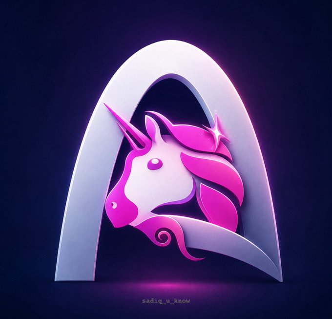 A stylized pink and white unicorn logo, the official mascot of Uniswap, is prominently displayed within a metallic arch against a dark blue background, with the watermark "sadiq_u_know" at the bottom. The image visually represents the post's announcement about Uniswap expanding to build on the Arc network.