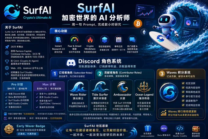 This image features a poster for Surf AI, which is an AI system designed for surfing games. The poster has a blue background with white text and includes images related to surfing, such as a surfboard, waves, and a robot surfer on a wave. The poster also highlights the features of the Discord role system in SurfAI, emphasizing its comprehensive design compared to other crypto AI projects that rely on a single-dimensional check-in or task completion approach.