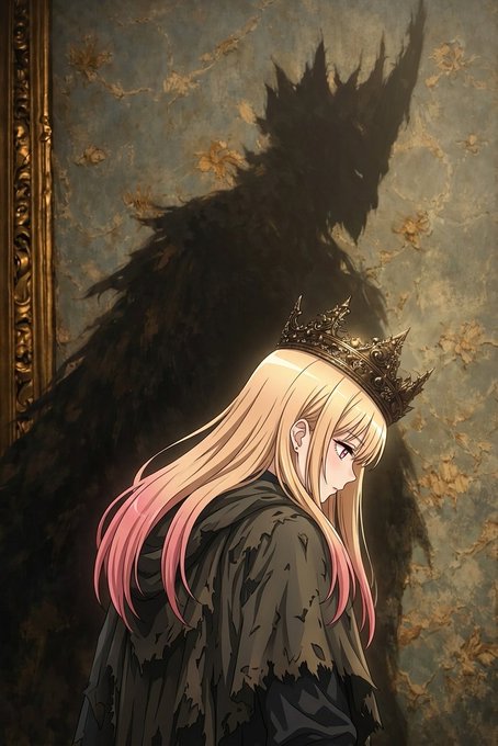 An anime-style illustration of a blonde girl with pink-tipped hair wearing a crown and dark cloak, standing in front of a large ornate frame with a dark, shadowy figure looming behind her.