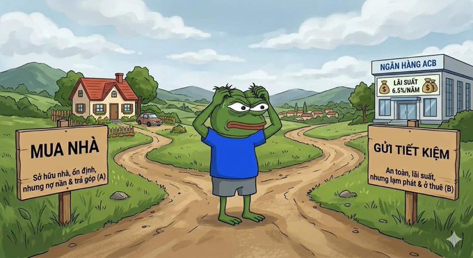 A cartoon illustration of a sad Pepe frog standing at a crossroads, choosing between a sign that reads 'MUA NHÀ' (Buy a house) and a bank sign reading 'GỬI TIẾT KIỆM' (Save money).