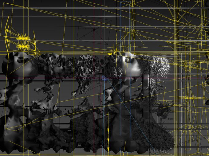 A dark, abstract 3D render overlaid with a complex web of yellow, red, and blue grid lines, resembling a digital glitch or technical visualization with no visible text or numbers. The chaotic, fragmented aesthetic visually echoes the "PARAMETER ESCAPE" concept in the caption, suggesting a digital or technological theme tied to an NFT mint.