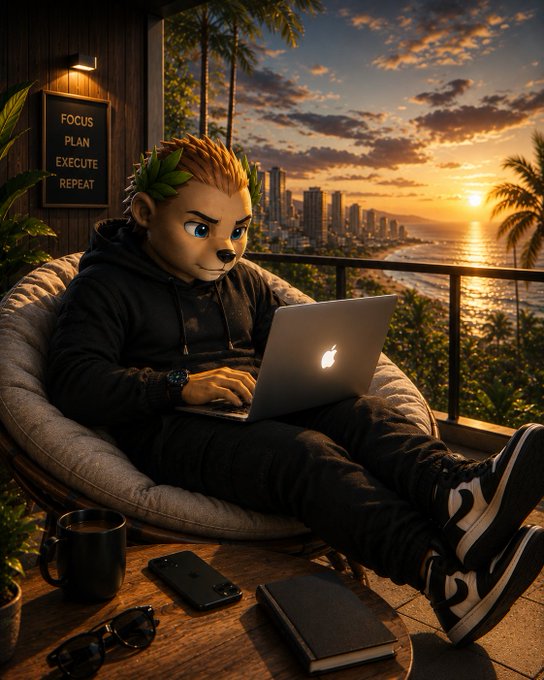 An anthropomorphic hedgehog relaxes in a bean bag chair on a sunset-lit balcony, working intently on an Apple laptop, with a framed sign reading "FOCUS PLAN EXECUTE REPEAT" on the wall—visually reinforcing the post's theme of rewarding consistent onchain activity over fleeting, one-off interactions.