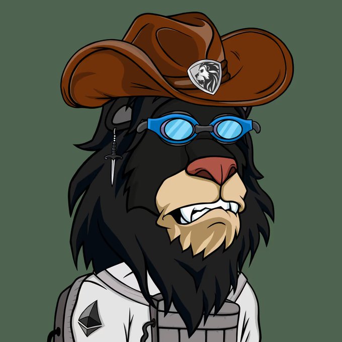 A cartoon ape character with a large black beard wears a brown cowboy hat with an eagle emblem, blue swim goggles, a sword earring, and a white shirt featuring an Ethereum logo.