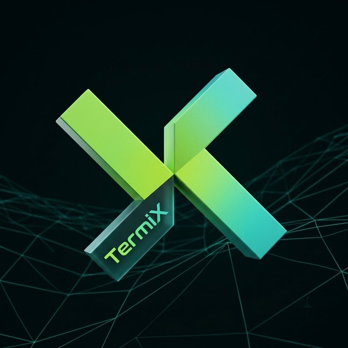 A 3D-rendered logo featuring two crossed, gradient green-to-teal bars forming an X shape with the word 'TermiX' displayed on a glass-like bar at the bottom, set against a dark background with wireframe geometric patterns.