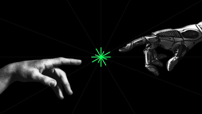 A black and white image shows a human hand reaching toward a robotic hand, with a green starburst between them against a dark background.