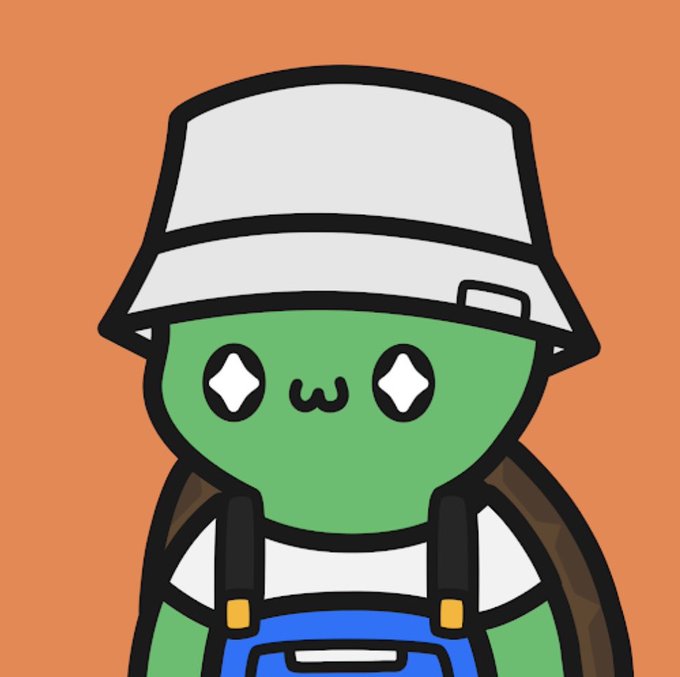 A cartoon illustration of a green character with sparkly diamond-shaped eyes, wearing a white bucket hat and blue overalls against an orange background.