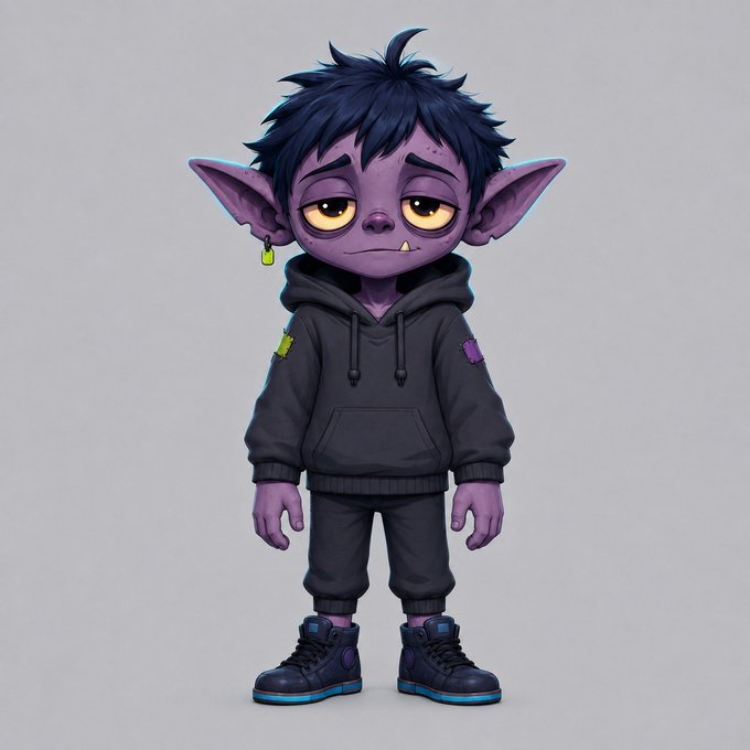A stylized purple-skinned goblin-like character with large pointed ears, messy dark hair, and tired yellow eyes, wearing an oversized black hoodie, dark pants, and high-top sneakers, standing against a plain gray background. The image appears to be a digital NFT character design, likely promotional artwork for the "tab" OpenSea collection mentioned in the post.