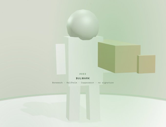 A minimalist 3D render with a soft sage-green palette showcases geometric shapes including a sphere atop a pillar and floating cubes, with text reading "#003 BULWARK, Bonewrk · Halfhelm · Copperworm · no signature." The image appears unrelated to the NFT giveaway post, instead resembling an artistic digital collectible card that could represent one of the game's NFT items rather than depicting the 3D arena shooter gameplay being promoted.