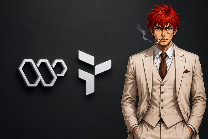 urn of white hexagons with a red "F" on top, accompanied by a man in a suit and tie against a black background.